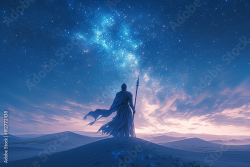 Old medieval knight in shining armor standing on desert dunes under a dark starry sky photo