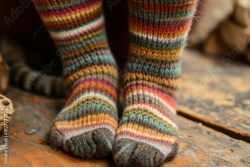 Warm and cozy striped knitted socks on rustic wooden floorboards, implying comfort and homeliness