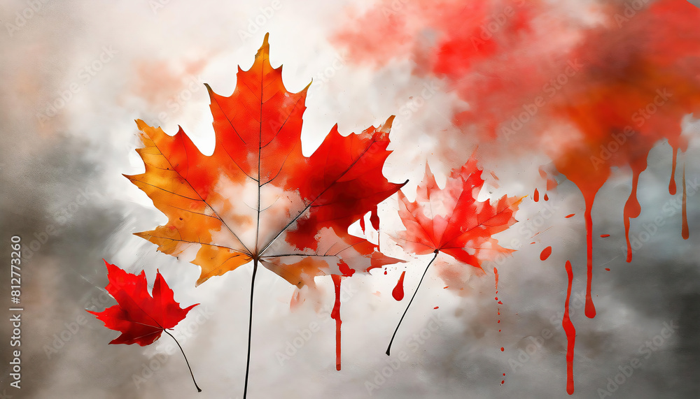 orange maple leaves with watercolor splashes on grunge background. copy space for your text. Symbol of Canada.