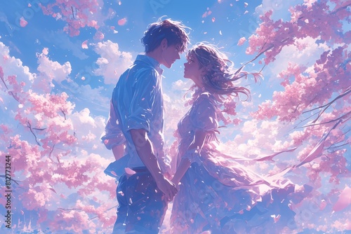 couple holding hands under cherry blossom trees, romantic movie poster anime, dreamy atmosphere, surrounded by blooming flowers and lush greenery, a magical feeling of love and springtime