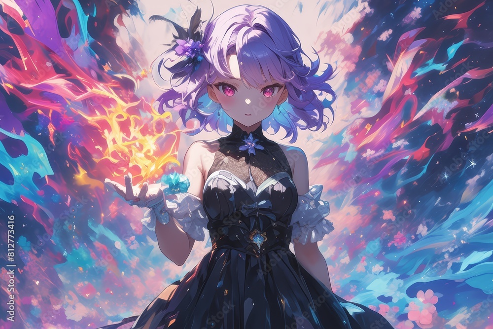 a cute anime girl with purple hair and pink eyes, she is wearing an ...