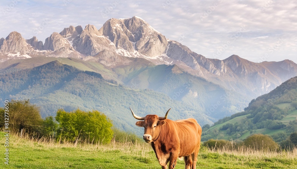 asturian breed bull of the valleys in pasture with mountain background