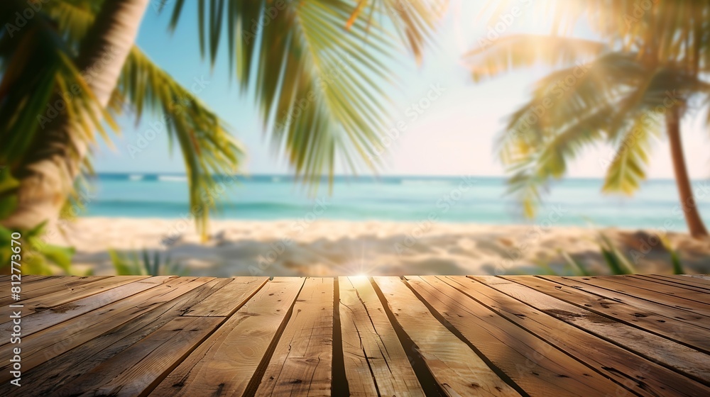 Blur Tropical summer beach with sun light abstract background and wood table for montage with copy space  Beautiful summer vacation and business nature travel concept : Generative AI