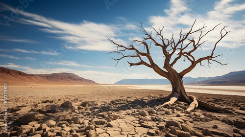 Solitary Resilience A Dead Tree Standing Alone in the Vast Desert Landscape photo
