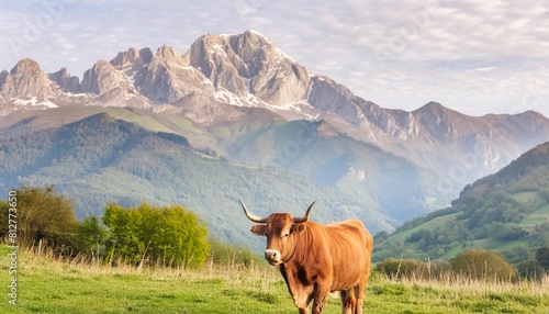 asturian breed bull of the valleys in pasture with mountain background photo