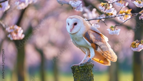barn owl tyto alba in an orchard in spring in a tree pink and white blossom background noord brabant in the netherlands photo