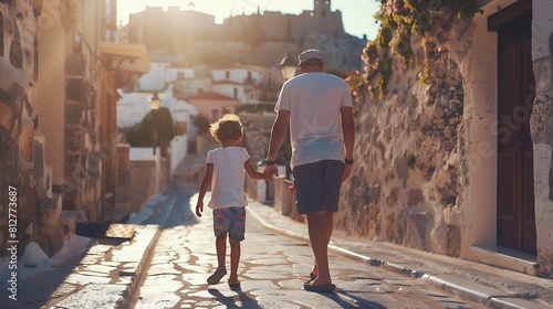 Father and child walking in Lindos city family travel in Rhodes island Greece man with daughter together sightseeing landmarks summer vacations lifestyle : Generative AI photo