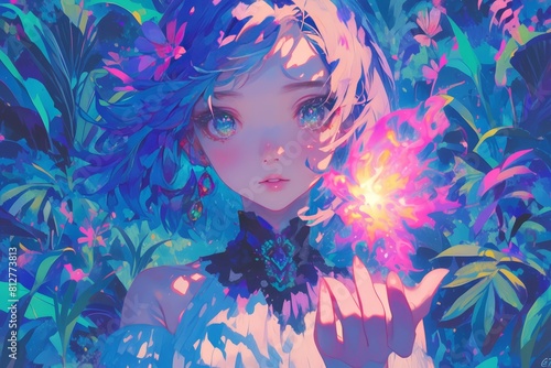 Cute girl with purple hair holding pink fire in her hand, flowers and leaves floating around the flames, in an anime style, fantasy art