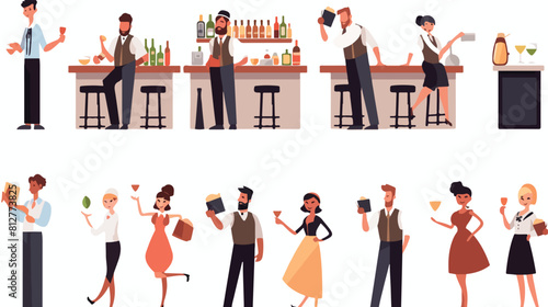 Bartender or barman professionals characters set fl