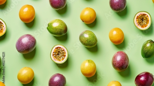 Colorful fruit pattern of fresh passion fruits on green pastel background top view   Generative AI