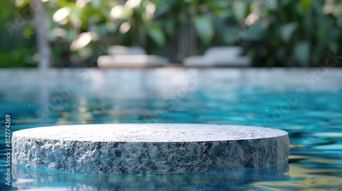 Stone podium stand in luxury blue pool water Summer background of tropical design product placement display Hotel resort poolside backdrop   Generative AI