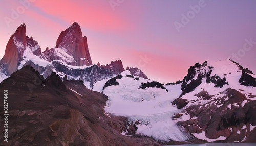 snow covered mountain peaks and glacier under a pink sky el chalten patagonia argentina photo
