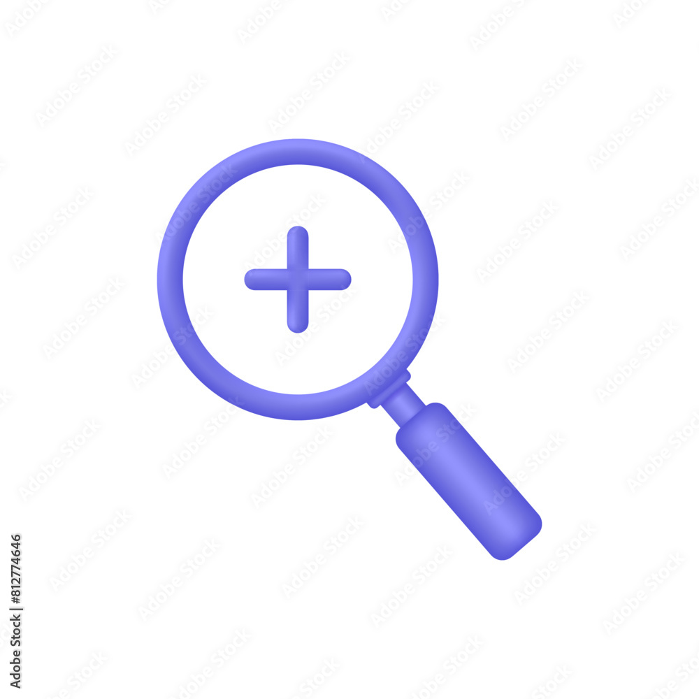3D Magnifying glass icon with plus mark. Trendy and modern vector in 3d style 3D Magnifying glass icon with plus mark. Trendy and modern vector in 3d style