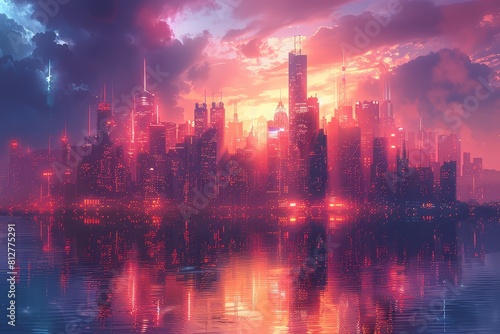 A futuristic cityscape at night, illuminated neon lights and skyscrapers, with the buildings reflecting in the water below. The sky is dark but filled with vibrant colors from various light streaks.