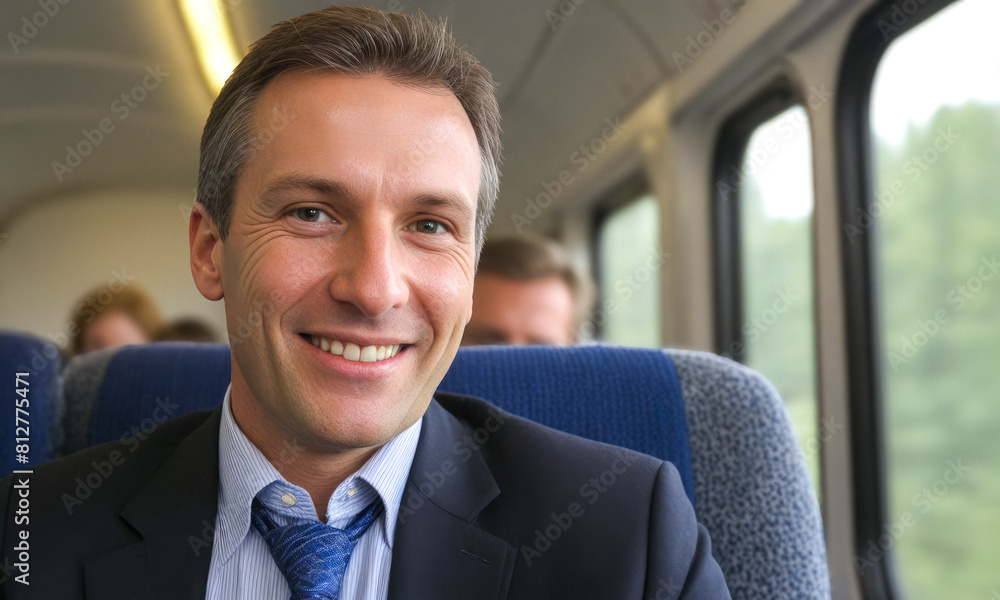Businessman in suit sits in train, gazing out window. Appears to be on business journey, surrounded by carriage interior Businessman in suit sits in train, gazing out window. Appears to be on business journey, surrounded by carriage interior