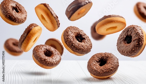 lots of chocolate falling donuts on a white background donut levitation generative ai photo
