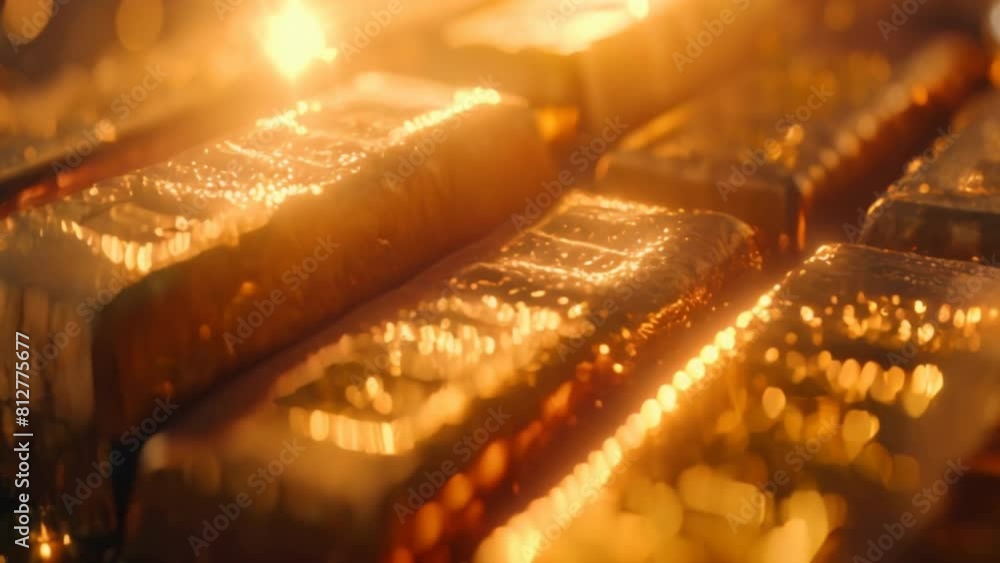 A close-up of gold bars on a shimmering rotating stand, representing wealth and luxury A close-up of gold bars on a shimmering rotating stand, representing wealth and luxury