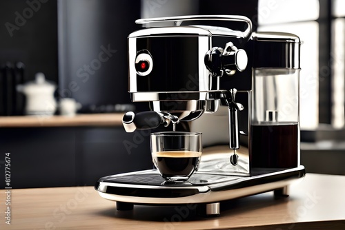 : A sleek modern coffee machine with shiny chrome accents, steam billowing from the spout as it brews a perfect cup of espresso. -