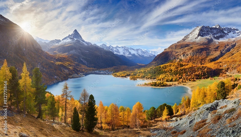 panoramic view of lake sils silsersee in autumn season upper engadine valley switzerland