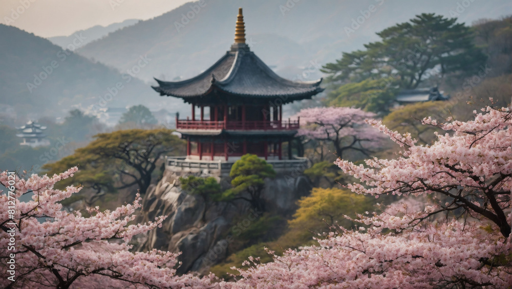 Mountain Shrine, Chinese Pagoda Amidst Sakura Trees on Misty Hilltop Mountain Shrine, Chinese Pagoda Amidst Sakura Trees on Misty Hilltop