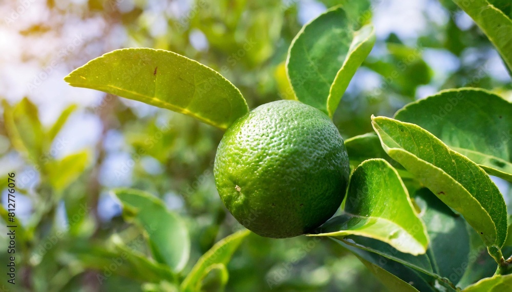 green lime a citrus fruit with lime leaves on tree branch twig