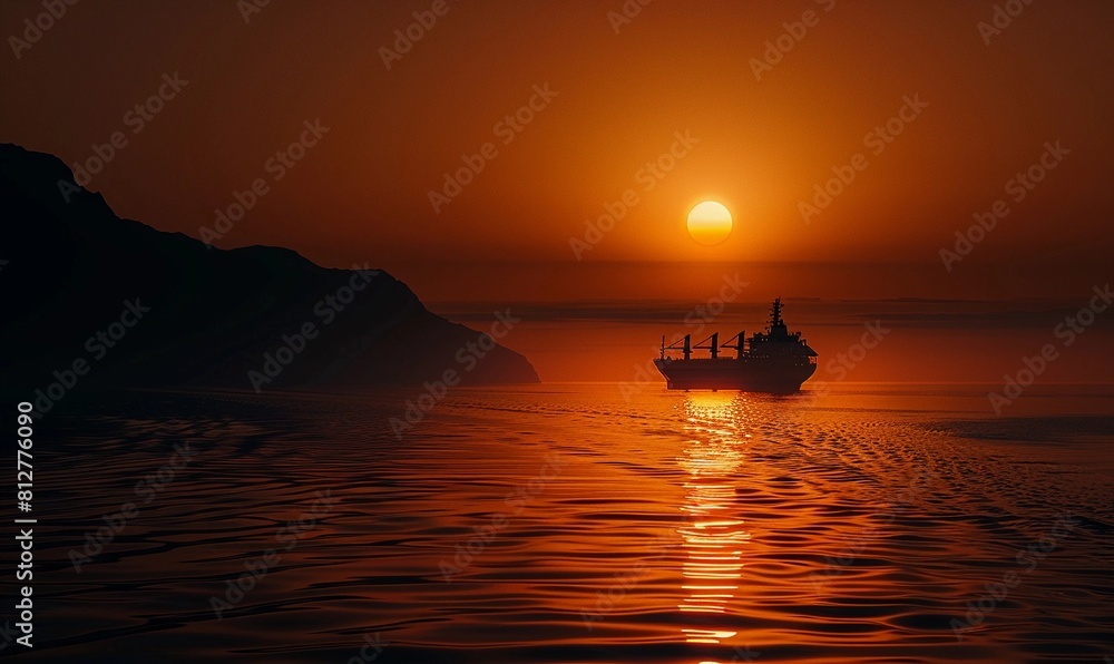 The glowing orange sun appears to be resting on the horizon, its reflection stretching across the calm waters. A silhouetted ship or island can be seen in the distance