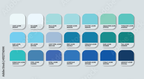Azure Color Guide Palette with color Names. Catalog Samples of Azure with RGB HEX codes and Names. Azure Color Palette Vector, Wood and Plastic Aqua Color Palette, Fashion Trend Blue Colors Palette