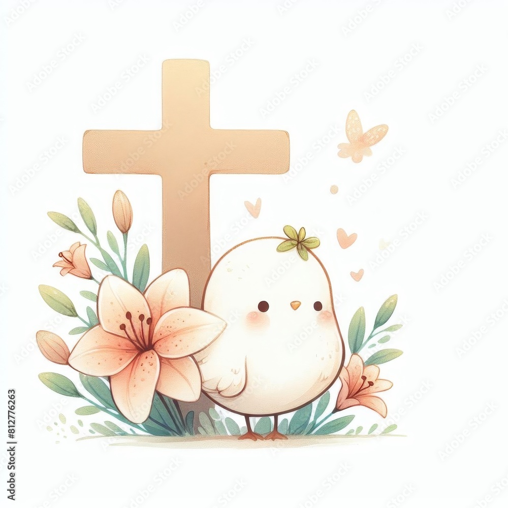 A white bird is sitting on a cross with flowers around it