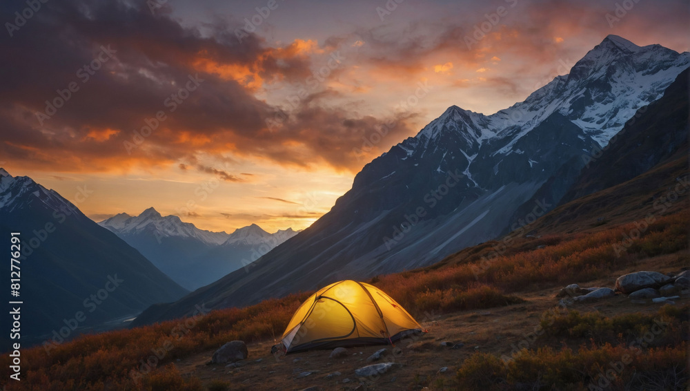 Mountain Sunset Camping, Tourist Tent Pitched Amidst Majestic Peaks.