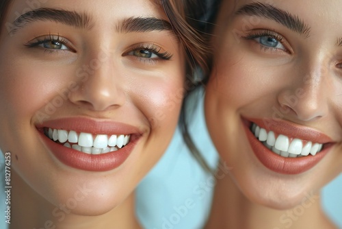 Depicting a  beautiful woman s smile and teeth next to a light blue background