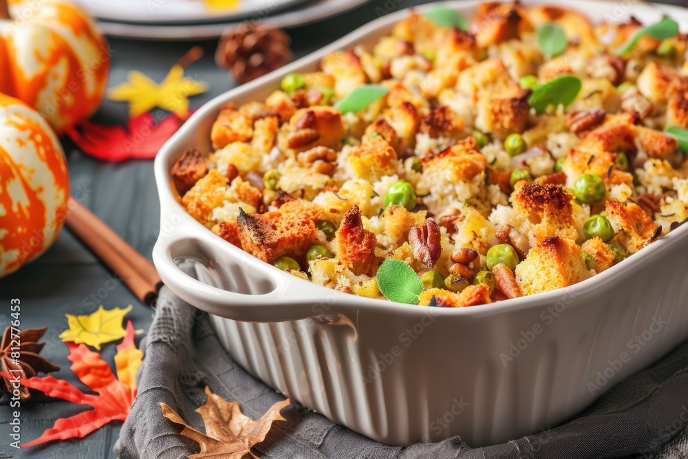 A casserole dish filled with stuffing and vegetables. Perfect for food and cooking concepts A casserole dish filled with stuffing and vegetables. Perfect for food and cooking concepts