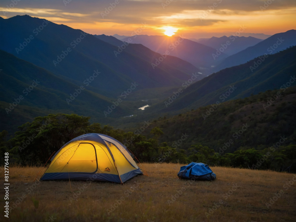 Mountain Vista Camping, Tourist Tent Amidst Majestic Ranges as Sun Sets.