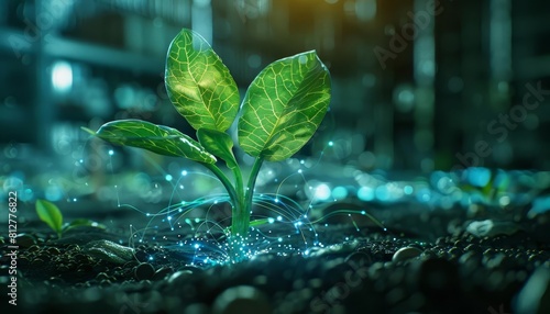 Detailed botanical hologram display of a sprouting bean, with annotations about the growth process and biological functions. photo