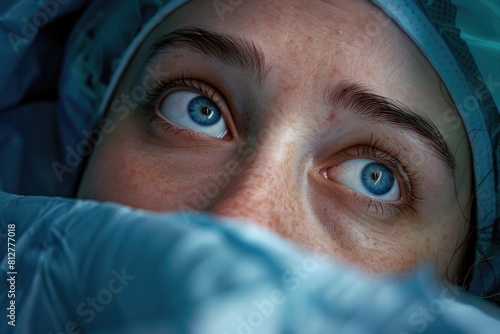 Close-up portrait of a person with striking blue eyes, suitable for various projects