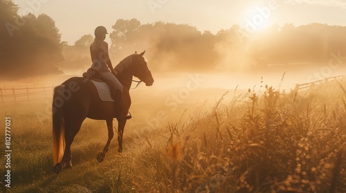 Equestrian enjoying a peaceful ride in morning light. © Gasspoll