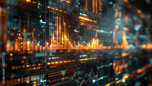 Hologram of a market research presentation  with dynamic rising graphs showing consumer trends and predictions