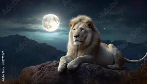 white lion in moon light manipulation of lion on rock in night landscape ai generative photo