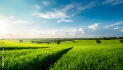 image of vast lush green field under bright clear sky the grass is vibrant and well lit by the sunlight in the background with minimal clouds offering an open and airy atmosphere ai generated