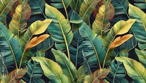 neon bright banana leaves palms on dark background seamless pattern vintage tropical 3d illustration luxury modern wallpapers fabric printing cloth tapestries posters invintations cards photo