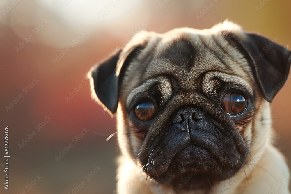 Illustration of happy pug puppy looking sad, high quality, high resolution