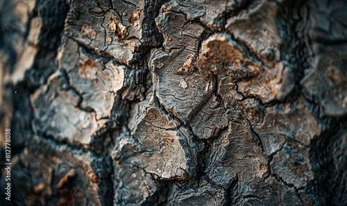 a close-up view of tree bark with an intriguing texture. The rough, grayish-brown bark has deep crevices and ridges, giving it an almost abstract, organic pattern © Astock Media