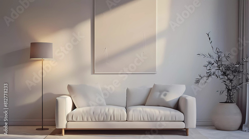 Beautiful living room with sofa , empty mockup poster frame.Home interiror design template.