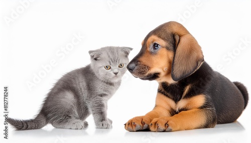 slovakian hound puppy and scottish straight kitten side view isolated on a white background © Seamus