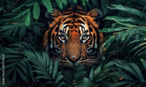  fierce-looking tiger s face peering out from a background of lush green foliage. The tiger s eyes are piercing and intense  and its striped fur is beautifully detailed