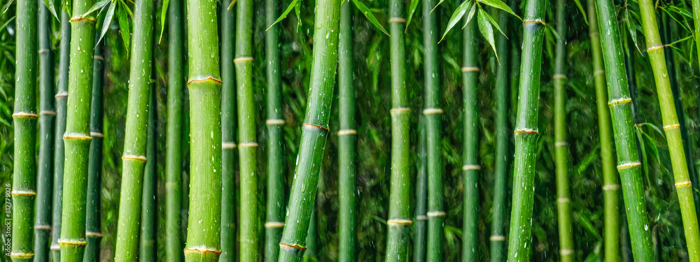 Fototapeta premium Natural green bamboo background. bamboo stems, exhibiting their natural green hue and segmented texture. Perfect for adding an organic and fresh feel to various visual projects