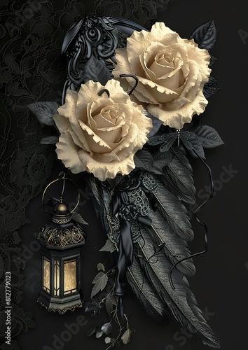 gothic beige and black angel wing with lace and ribbons, and lantern, and drangonfly , beige rose realistic, on a black background
