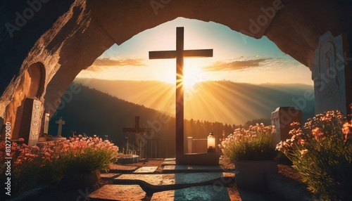 tomb empty with shroud and crucifixion at sunrise resurrection of jesus christ