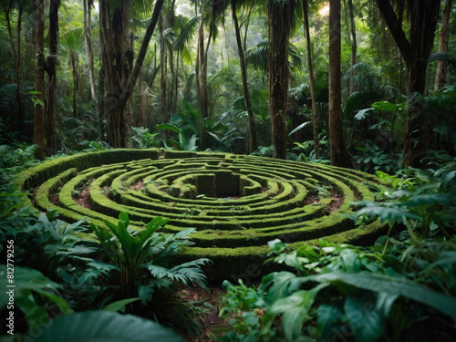 Mysterious green labyrinth concealed amidst the dense foliage of the forest jungle.
