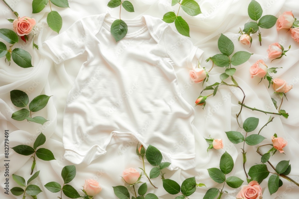 Adorable white baby onesie placed on a bed adorned with delicate pink roses. Baby fashion concept Adorable white baby onesie placed on a bed adorned with delicate pink roses. Baby fashion concept