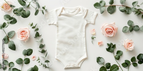 A baby's white onesie is placed on a bed of flowers photo